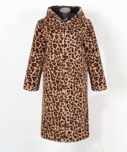 Leopard Print Faux Fur Hooded Coat Leopard