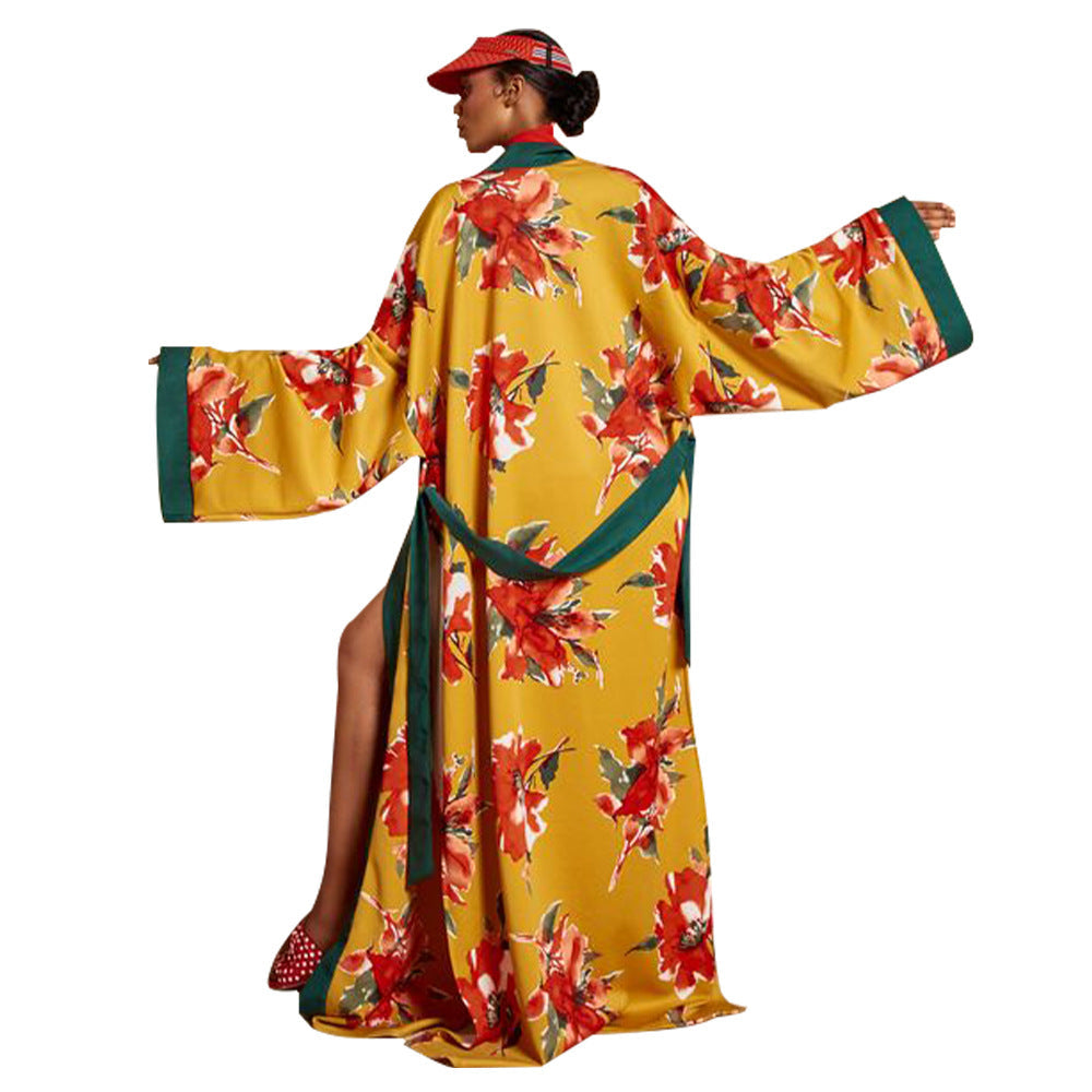Evelyn Long Sleeves Printed Kimono Kaftan Gold