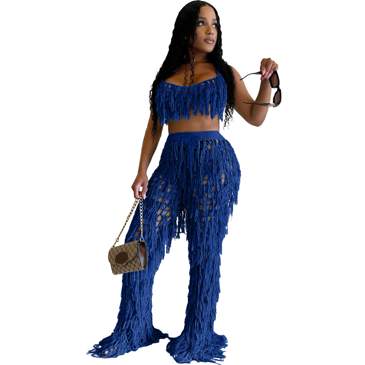 Sexy See through Crochet Tassel Beach Suit royal blue