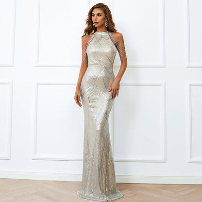 Tassel Sequined Long Slim Dress Silver