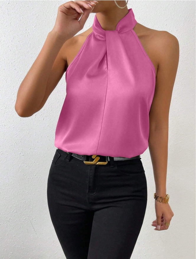 Satin Halter Sleeveless Vest Top Pink