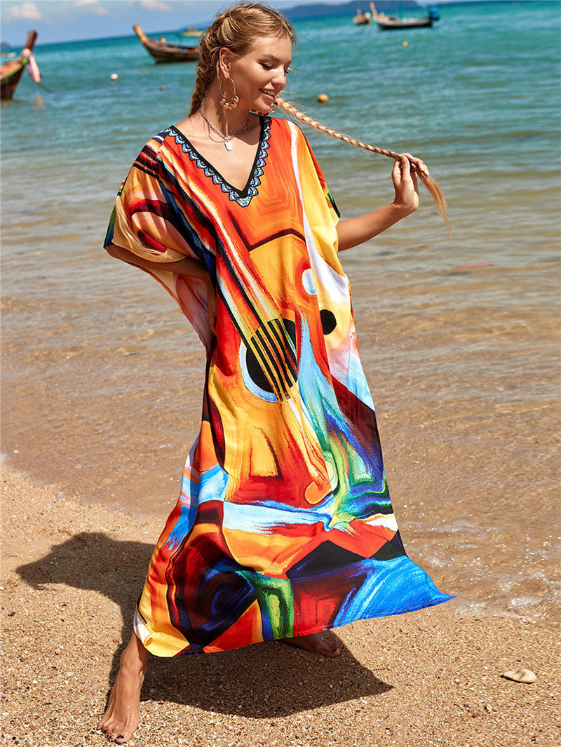 New Positioning Printing Beach Cover-up Sexy Cardigan Dress Beach Cover Up One Size Color Guitar