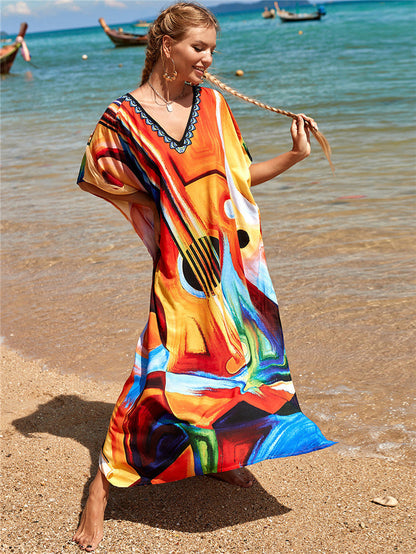 New Positioning Printing Beach Cover-up Sexy Cardigan Dress Beach Cover Up One Size Color Guitar