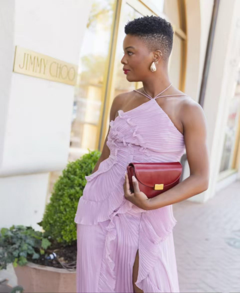 Pleated Halter Chiffon Elegant Dress violet