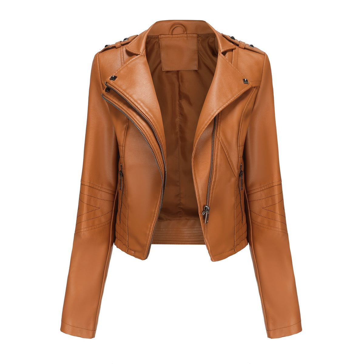 Slim Fit Long Sleeved Leather Jacket Camel