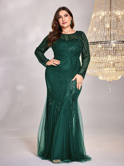 Plus Size Dress Long Sleeve Round Neck Bridesmaid Cocktail Evening Dress blackish green