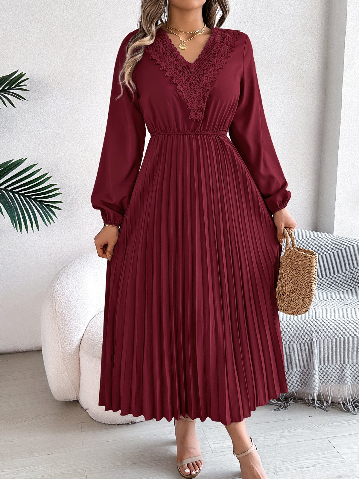 Elegant V neck Lace Pleated Versatile Dress Burgundy