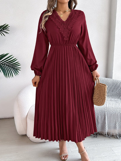 Elegant V neck Lace Pleated Versatile Dress Burgundy
