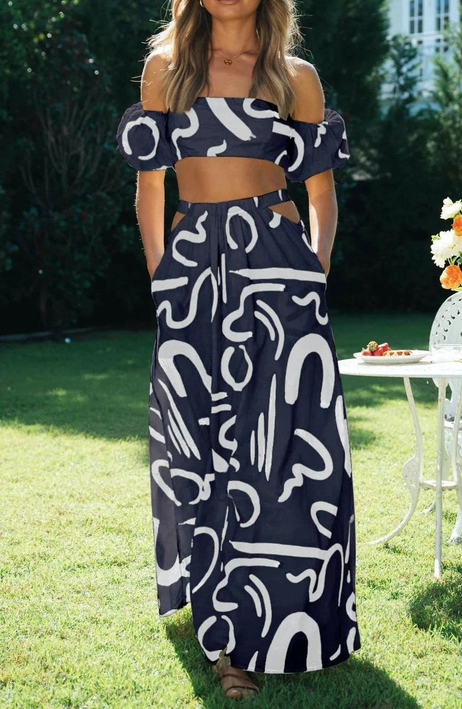 Summer Puff Sleeves Sexy Printed Set Purplish blue