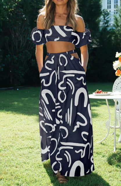 Summer Puff Sleeves Sexy Printed Set Purplish blue