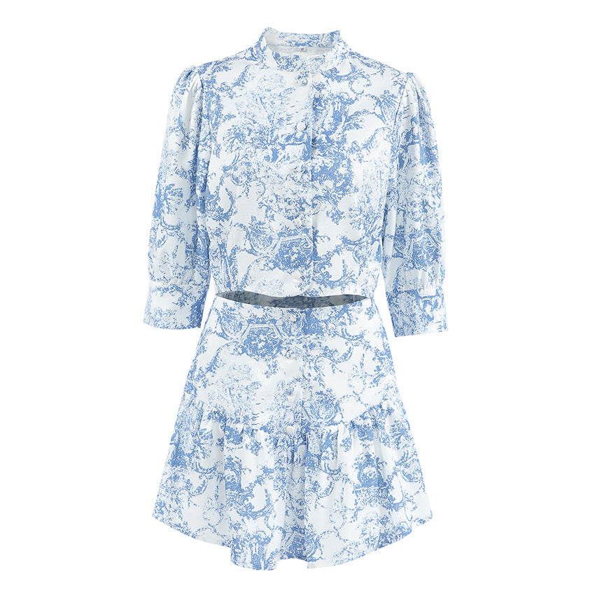Stand Collar Printed Slim Fit Skirt Set