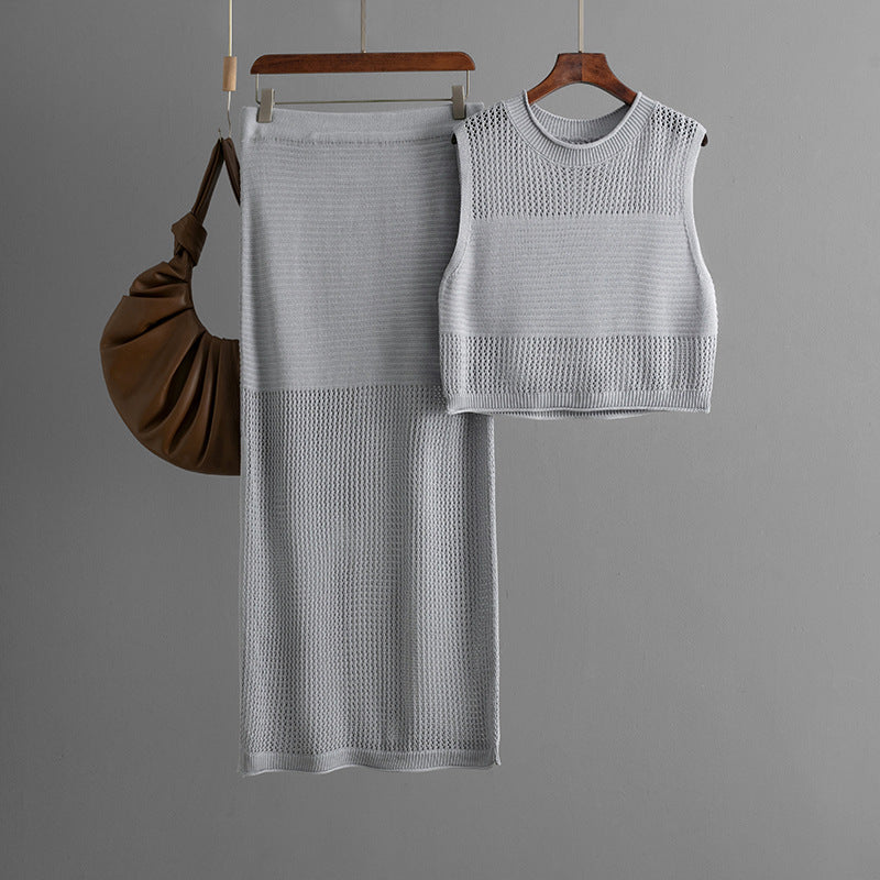 Slim Hollow Out Cutout Sleeveless Vest Summer Knitted Slit Skirt Two Piece Set One Size Gray