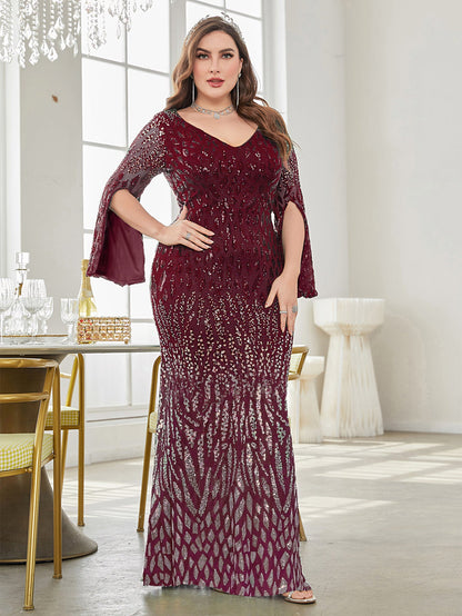 Plus Size Long Sleeve Deep V Plunge Sexy Dress Evening Cocktail Party Dress Burgundy