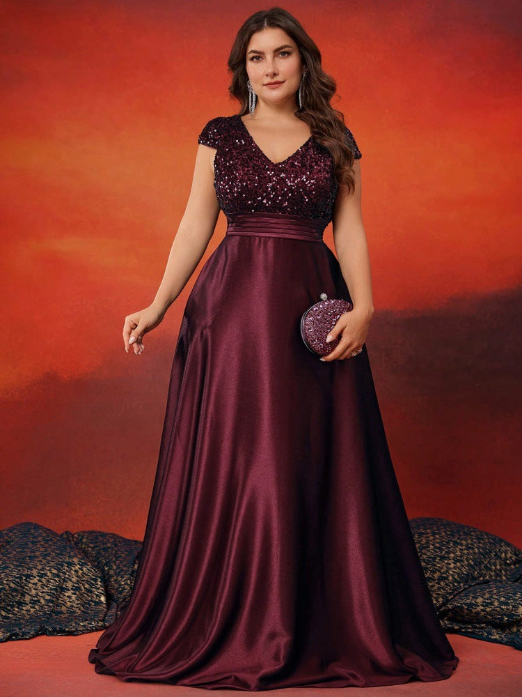 Sequined V neck Evening Dress Burgundy