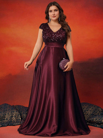 Sequined V neck Evening Dress Burgundy