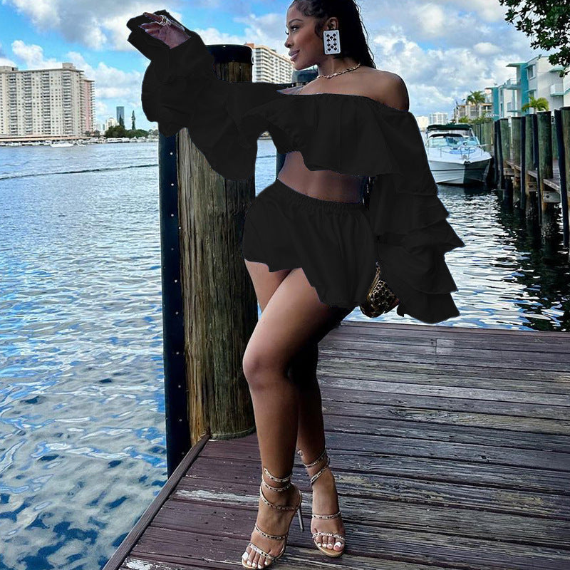 Spring Solid Color Ruffled Sexy Super Top Pleated Skirt Two Piece Set Black