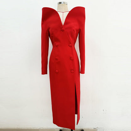 Star Design Slim Trench Coat Dress Red