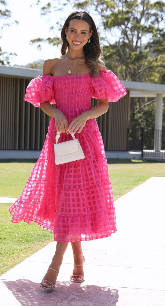 Off Shoulder Lantern Sleeve Layered Dress Coral Red
