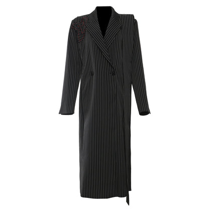 Striped Floral Long Blazer Coat Black