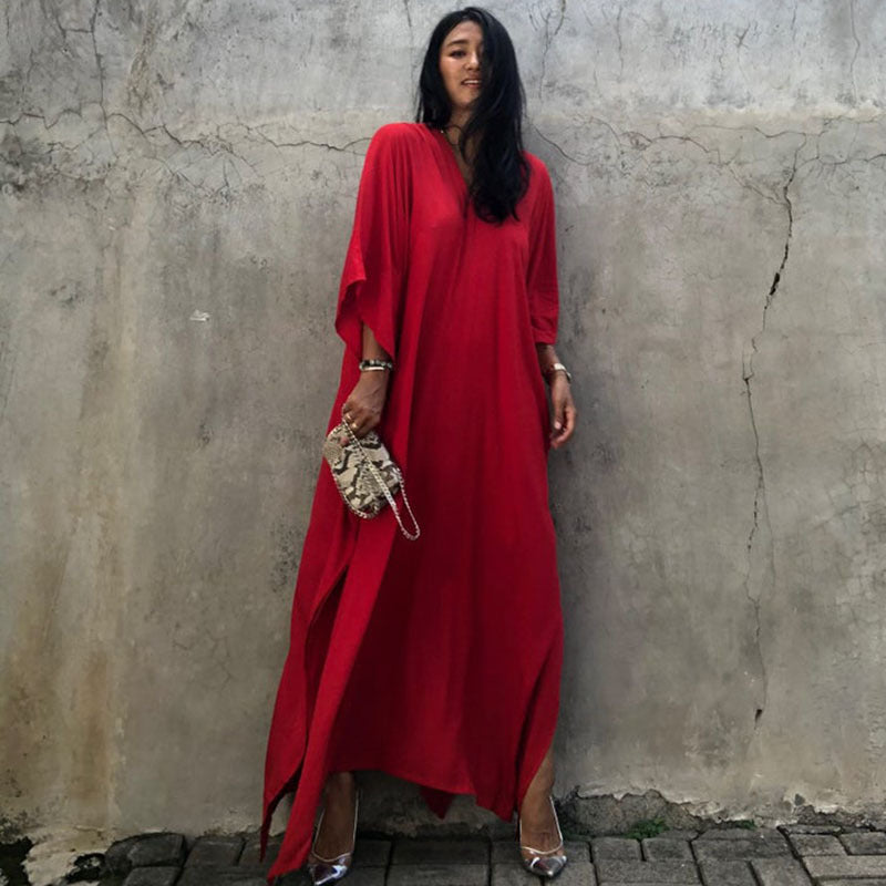 Relax Fit Versatile Solid Color Kaftan One Size Red