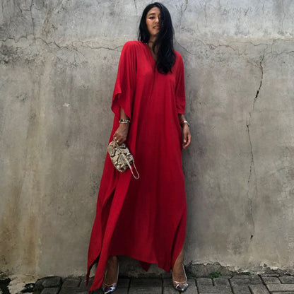 Relax Fit Versatile Solid Color Kaftan One Size Red