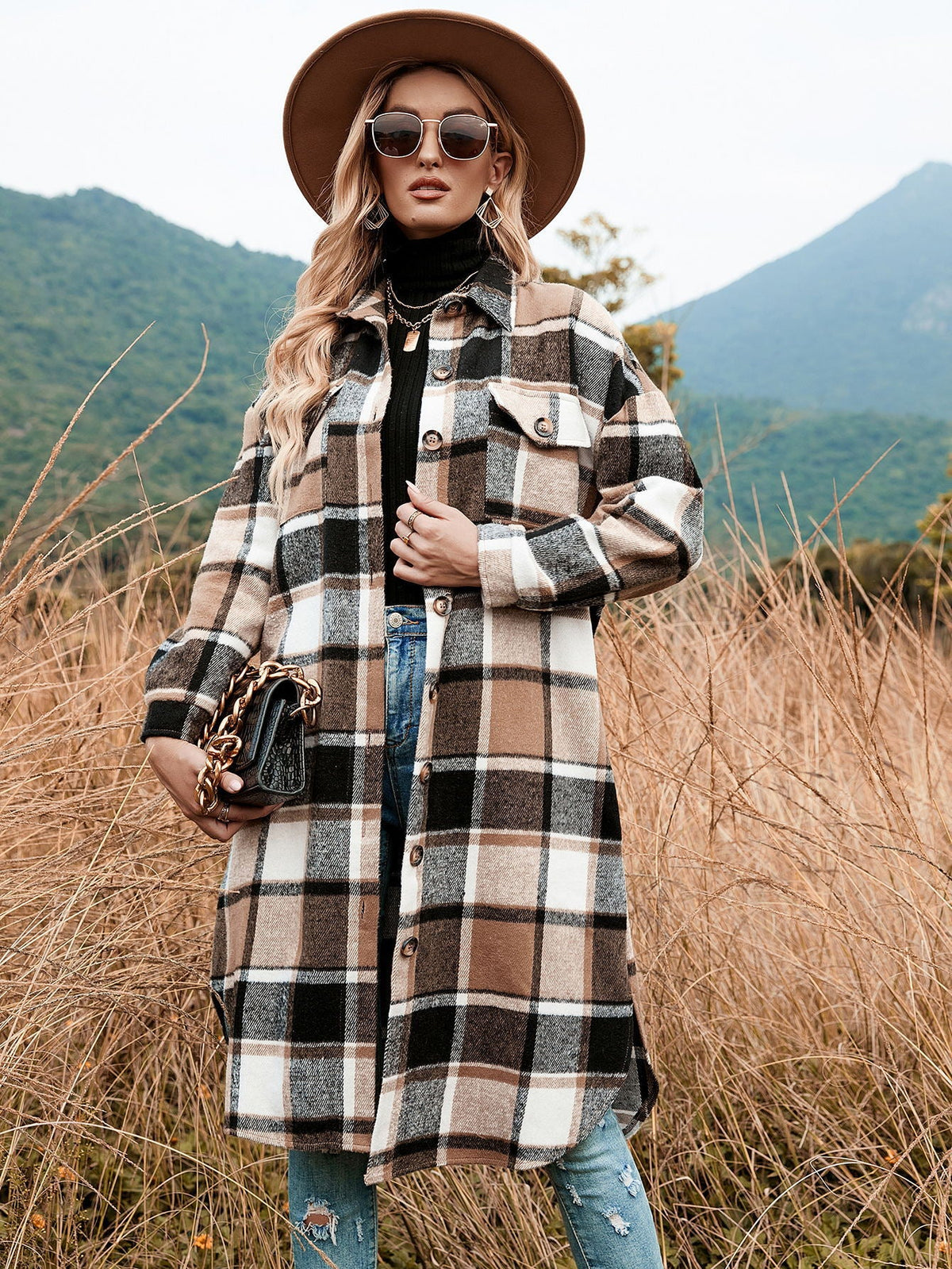 Plaid Long Coat Khaki