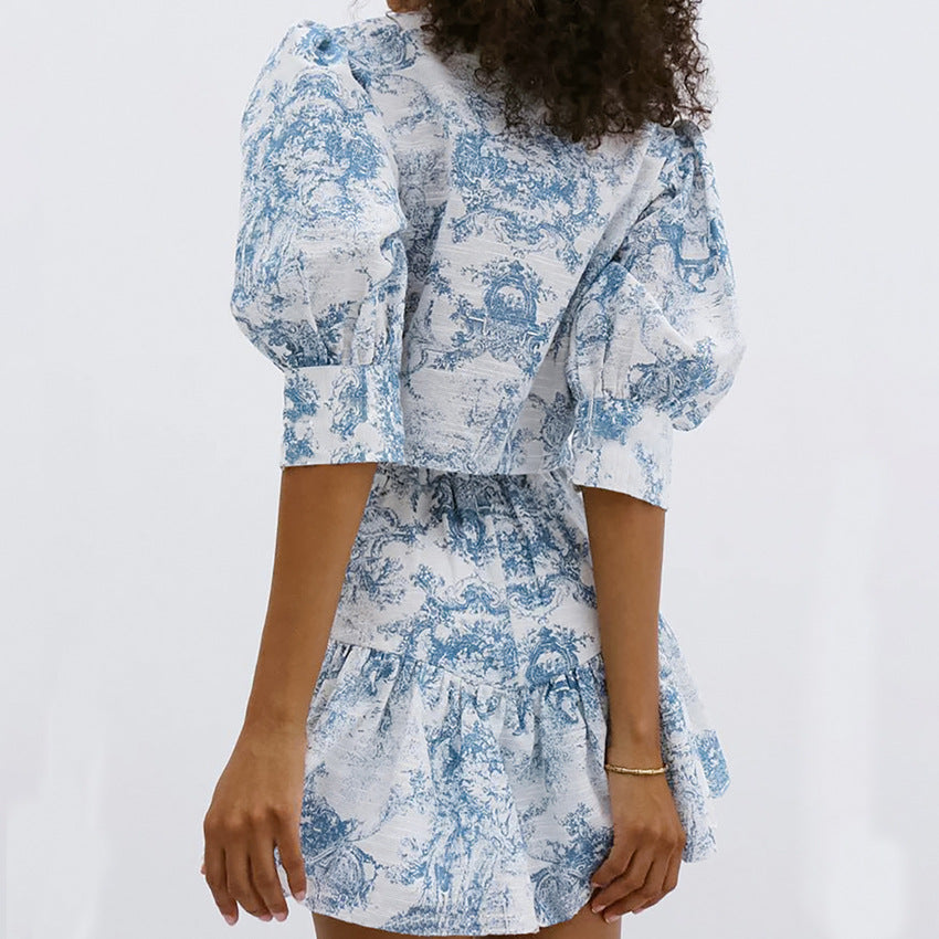 Stand Collar Printed Slim Fit Skirt Set