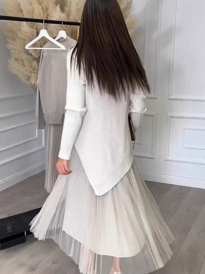 Clidress Irregular Sweater Mesh Pleated Dress Set