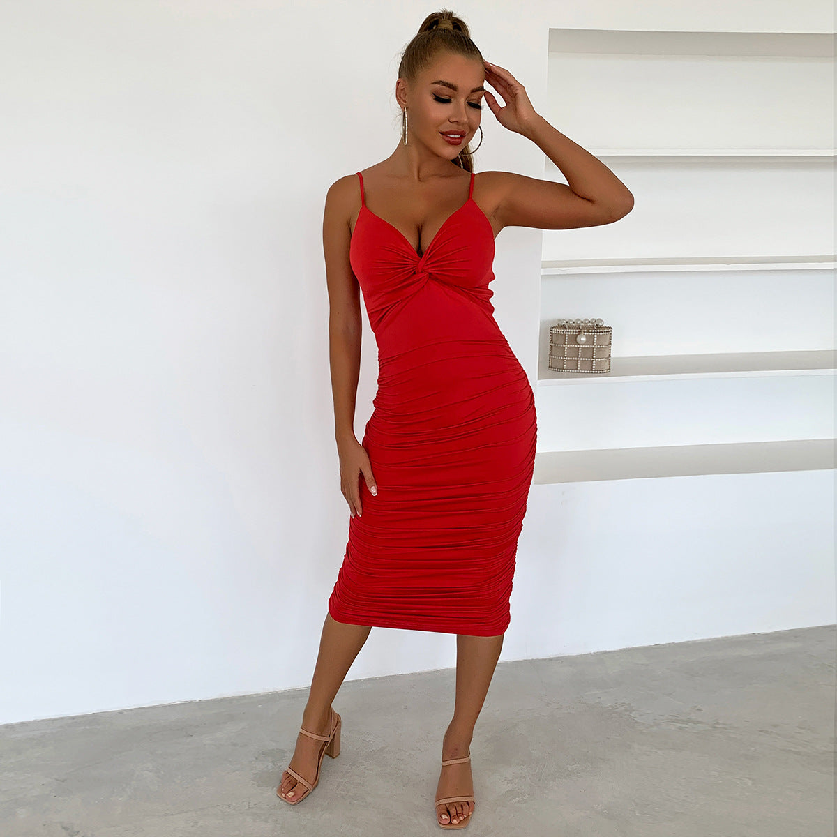 Corset Ruffle Slim Knee Length Dress Red