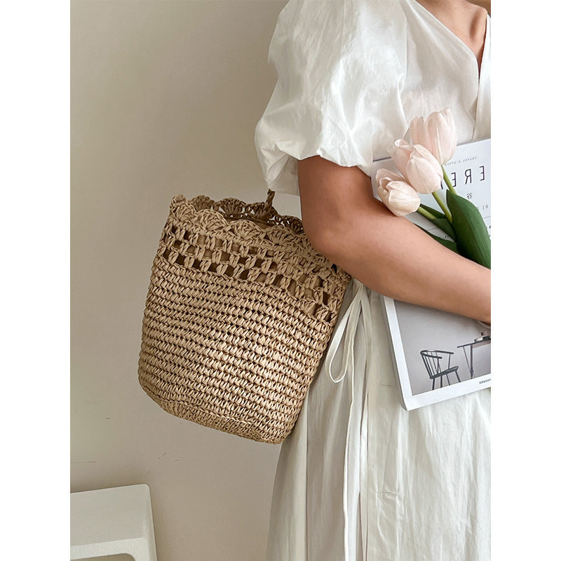 Raffia Shoulder Bag Hollow Out Women's Bags of Natural Fibers One Size Brown