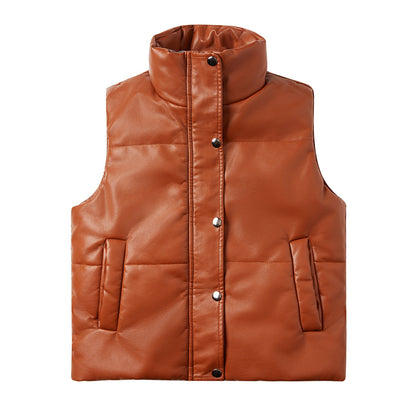 Quilted Vegan Leather Vest Jacket camel