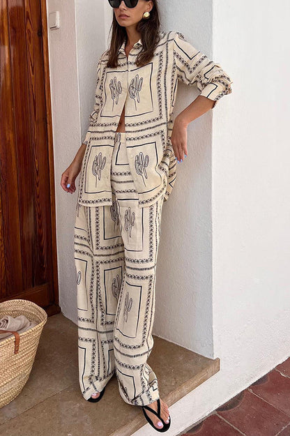 Printed Long Sleeved Shirt and Pant Set Two-Piece Suit