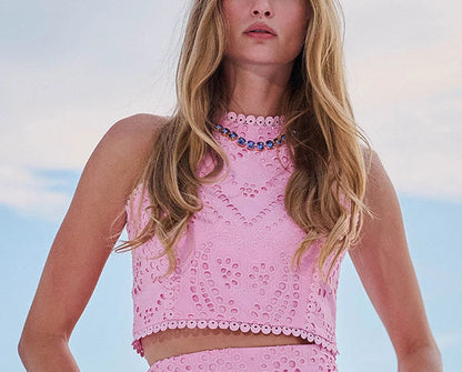 Spring Summer Sleeveless Long Skirt Pocket Set Casual Vacation Loose Two Piece Set Women Pink Top