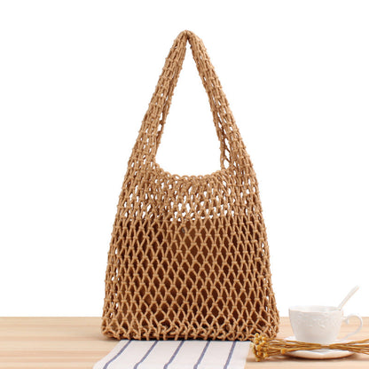 Solid Color Net Hand-Woven Bag Handmade Shoulder Bag One Size camel