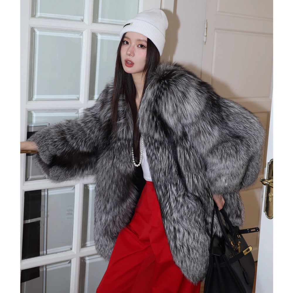 Silver Fox Fur Mid-Length Trench Coat