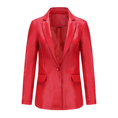 Small Long Sleeved Coat Women Single Button Office Casual Solid Color Leather Coat Red