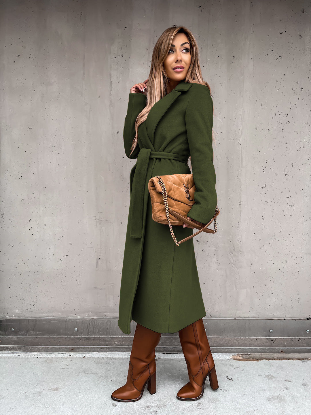 Solid Color Woolen Long Sleeve Trench Coat