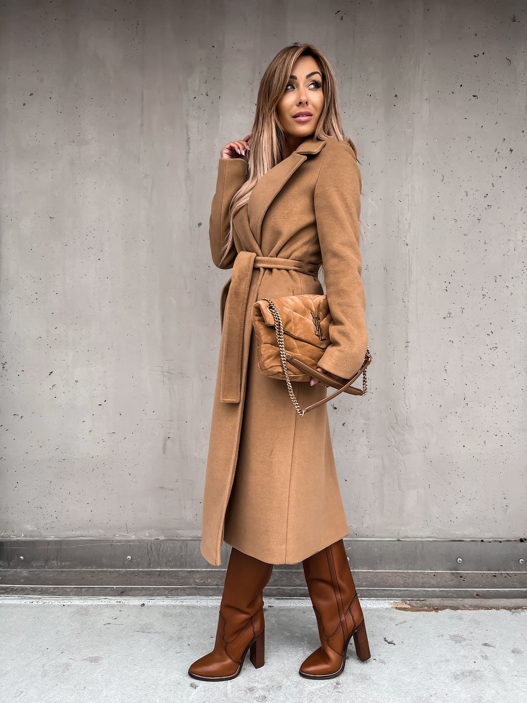 Solid Color Woolen Long Sleeve Trench Coat Khaki