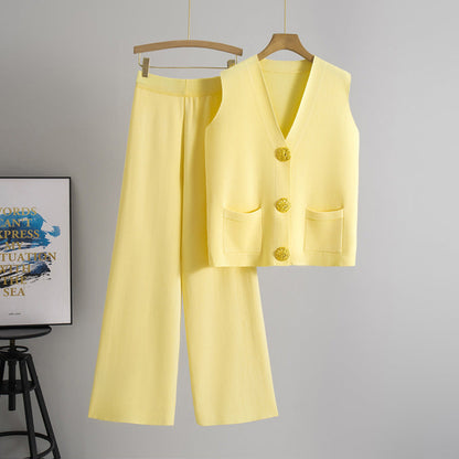V neck Knitted Two Piece Set One Size Yellow