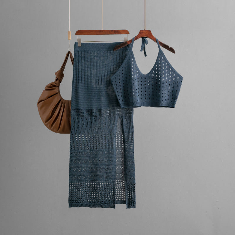 Women Clothes Short Summer Vest Top Two Piece High Waist Slimming Hollow Out Cutout Split Hip Skirt One Size Blue gray