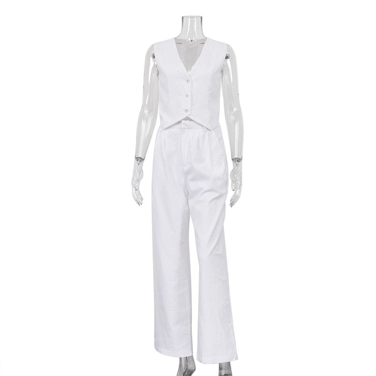 Cotton Linen Sleeveless Vest Two Piece Set White