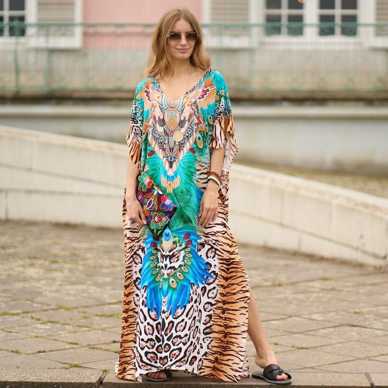 Alexis Printed Versatile Kaftans One Size Green Tiger Leopard