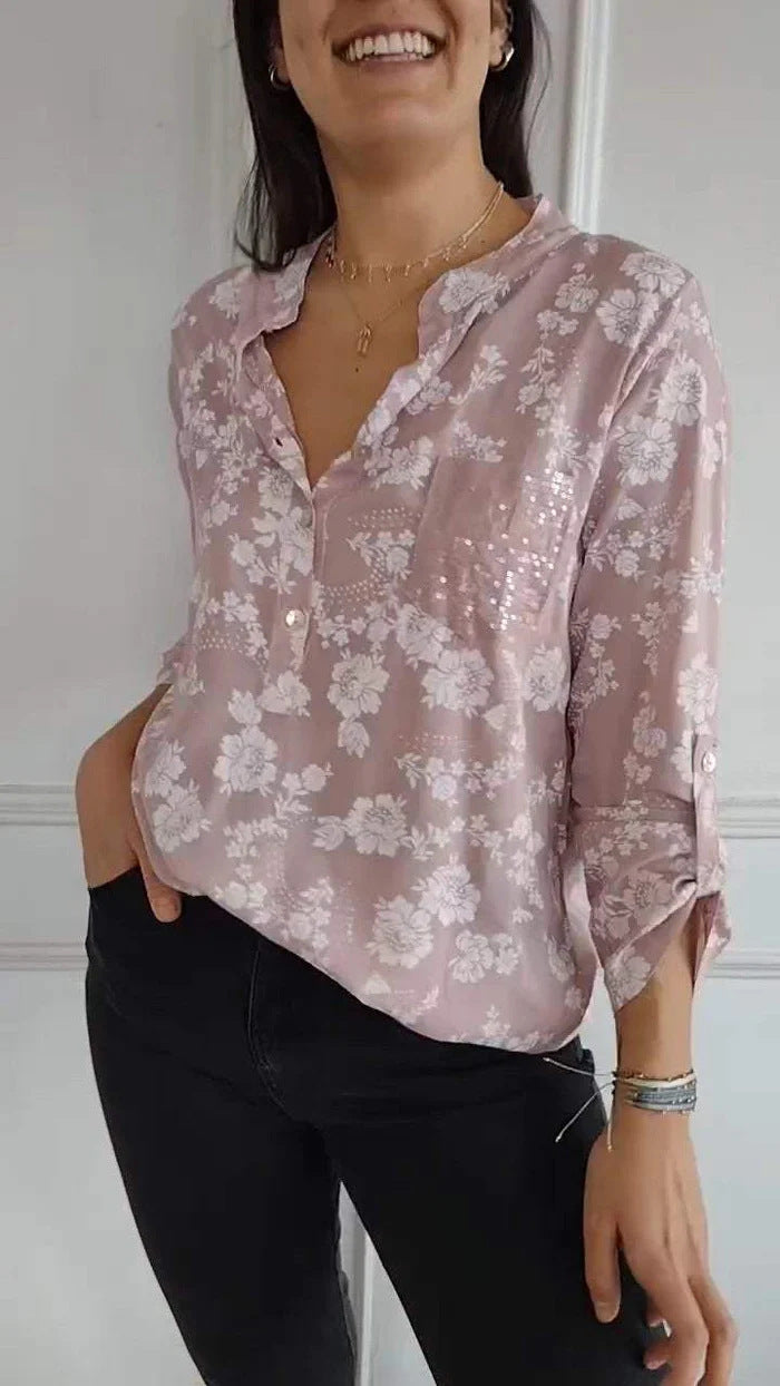 Spring Loose Casual Long Sleeves Printed Sequined Pocket Shirt Pink