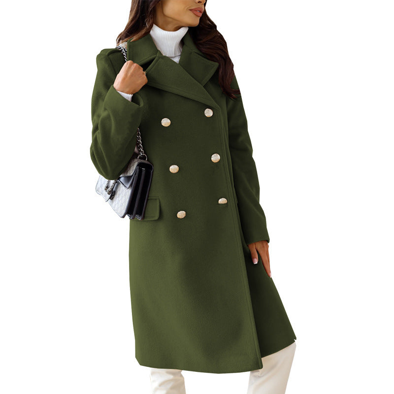 Woolen Long Sleeve Collared Coat Army Green
