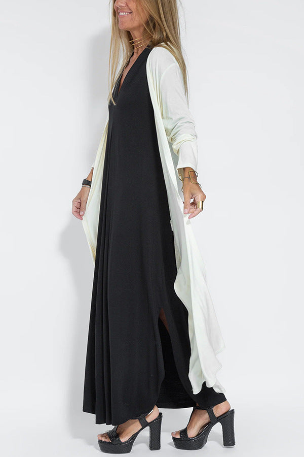 Solid Color Pullover V Neck Dress Cardigan Coat Set Women White Coat