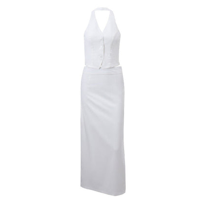 Fall Women Clothing Sexy Two Piece Suit V Neck Halter Strap Top Low Waist Slit Skirt White