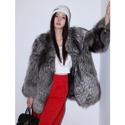 Silver Fox Fur Mid-Length Trench Coat