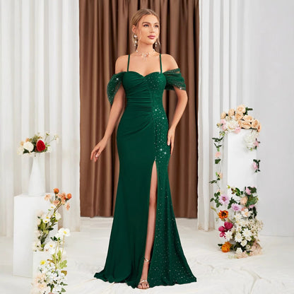 Off Shoulder Spaghetti Straps Evening Dress Slit Gown