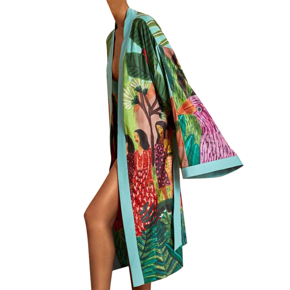 Evelyn Long Sleeves Printed Kimono Kaftan Green