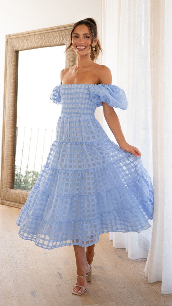 Off Shoulder Lantern Sleeve Layered Dress Blue